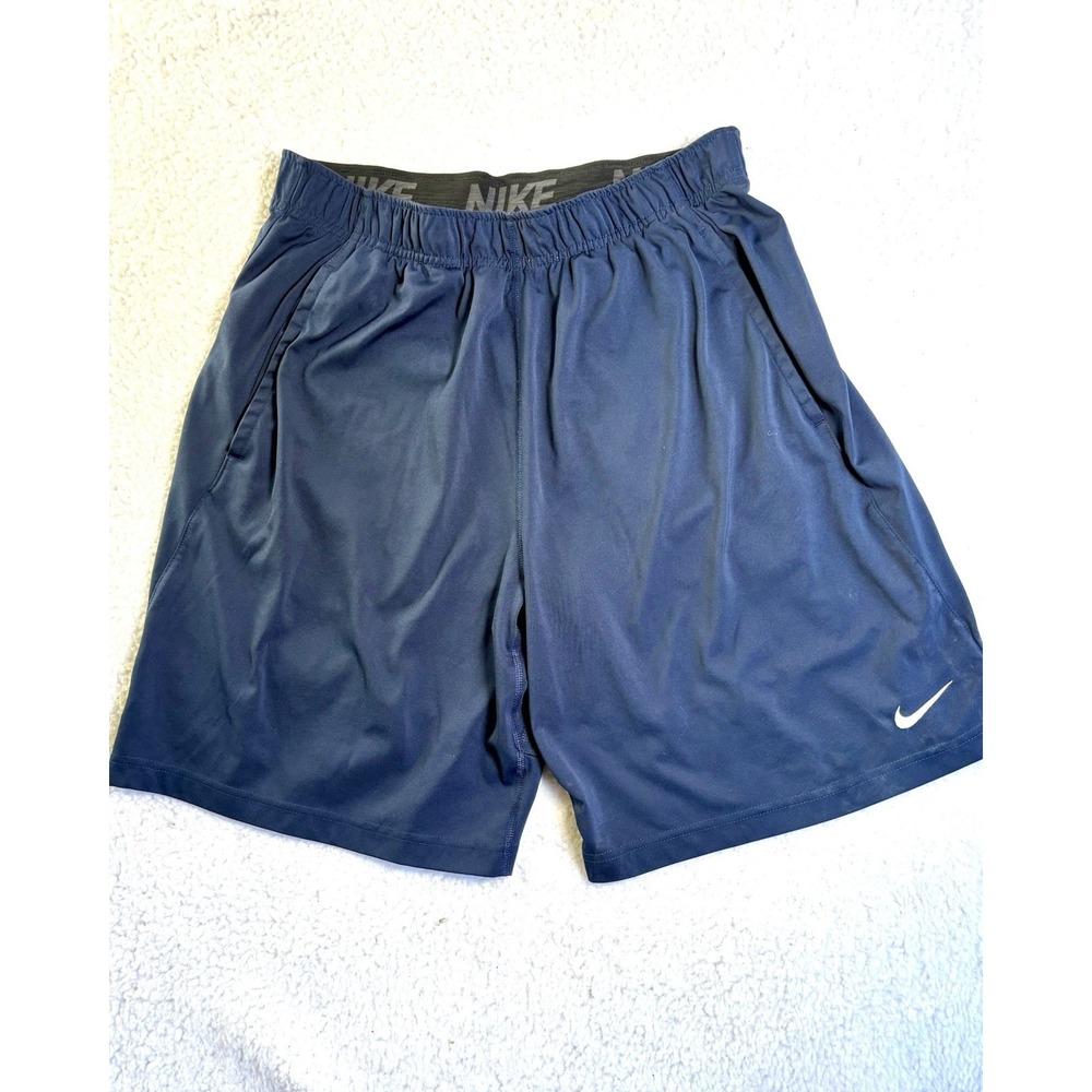 Nike Elastic Band Waist Gym Shorts Navy Size L Drawstring Logo Leg Dri-Fit